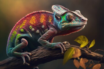 Poster - Animal closeup, stunning chameleon panther coloration, perched on a branch. Generative AI