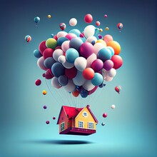 House Carried Away By Floating Balloons, Generative Ai