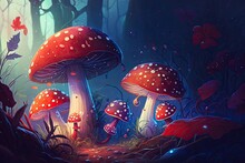 Background For A Conceptual Fantasy Story About Wonderland Featuring Red, Poisonous Mushrooms Amanita. Generative AI