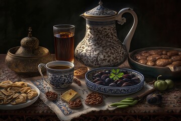 Wall Mural - Soup, dry date fruits, salad, bread, and water make up the traditional Ramadan Iftar menu served on fine china. Generative AI