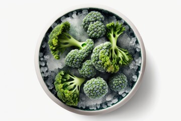 Wall Mural - Top view of a bowl of frozen broccoli florets on a white background. Generative AI