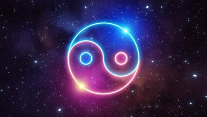 Wall Mural - yin yang neon light symbol in blue and pink colors rotating on a background of the universe with neb