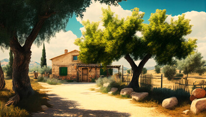 Wall Mural - Tuscany landscape. Ai llustration, fantasy digital painting, artificial intelligence artwork