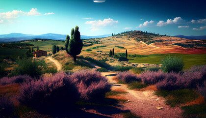 Wall Mural - Tuscany landscape. Ai llustration, fantasy digital painting, artificial intelligence artwork