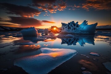 Poster - At Jokulsarlon, a glacial lagoon in Iceland, the sun sets over a horizon of ice and fire, reflected in a sea of blue icebergs. In Iceland, you can visit Vatnajokull National Park. Generative AI