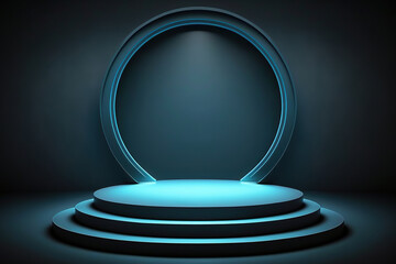 neon blue sci-fi round product podium display, empty clean showcase with copy space. ai generative i