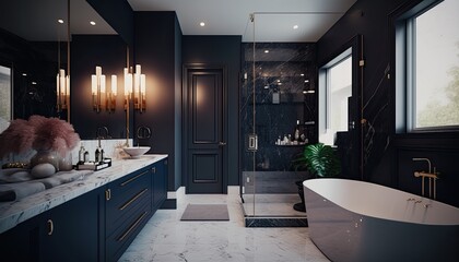 A luxurious bathroom with marble accents and sleek modern design. The room features a freestanding bathtub and a glass-enclosed shower. The walls are painted blue color, with metallic generative ai