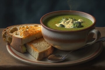 Sticker - Close up of a bowl of spicy, cheesy broccoli soup and a piece of toast. horizontal. Generative AI