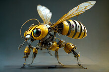 Bee - Robot. Artificial Bee. The Concept Of The Future, A World Without Bees, A Global Food Crisis, Hunger. AI Illustration, Digital Fantasy, Artificial Intelligence Artwork
