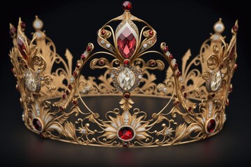 Sticker - This is a frontal view of a replica of a golden crown set with red and white diamonds. Diadem crown. Generative AI