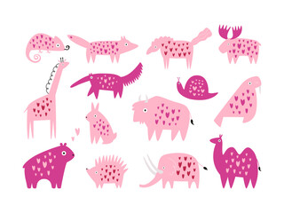 Set of pink animals in hearts in a modern trendy flat style.