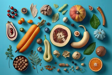 Wall Mural - Vegan cuisine in a nutshell. The idea of eating healthily. A flatlay of various fresh produce against a blue background, including fruits, vegetables, nuts, legumes, and mushrooms. Generative AI