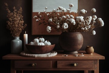 Canvas Print - Bohemian style interior design idea, wooden table, desk, or shelf up close with ceramic vases filled with cotton flowers, placed on a wooden washbasin in a traditionally decorated space. Generative AI