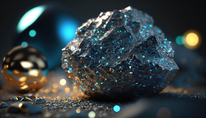  a close up of a rock and two balls of gold and silver glitter on a black background with a blue and yellow boket.  generative ai