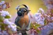 © finwal89 - Bird listening music in headphones sitting on blossoming tree, generative AI
