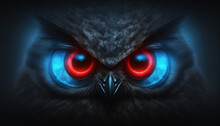  A Close Up Of An Owl's Face With Red Eyes And A Black Background With Blue And Red Highlights On Its Eyes And A Black Background.  Generative Ai