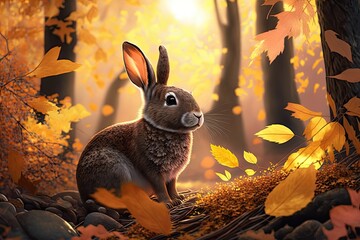 Wall Mural - Soft, adorable bunny in a picturesque autumn woods. Wild rabbit, woods, leaves, autumn, trees, sunset. (Computer Generated Picture of a Fictional Animal). Generative AI