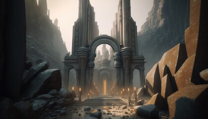 Wall Mural - stunning city of stone inside a gray granite canyon, fusion of star wars and gothic revival architecture,