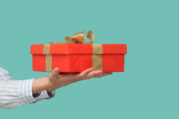 Poster - Girl's with braids wearing striped shirt holding wrapped box with gold ribbon present for holiday.