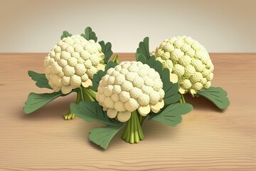 Wall Mural - On a white wooden table, there are three cauliflower flowers. Generative AI