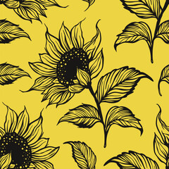 Wall Mural - Sunflower doodle seamless vector pattern. Nature drawing flower plant spring summer garden background.