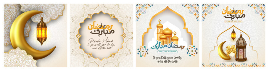 Collection of modern style Ramadan Mubarak greeting cards with Arabic calligraphy, moon, mosque dome, lanterns for wallpaper design. poster, social media post