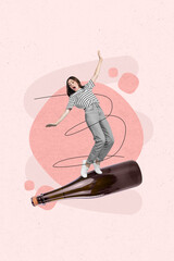 Poster - Vertical 3d creative collage picture poster of crazy funky girl standing big bottle tasty red wine isolated on painting background