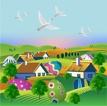 Spring Landscape With Houses, Hills, Easter Eggs And Flying Storks