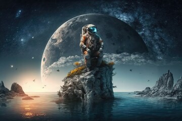 Canvas Print - The astronaut is perched on a rock in the middle of the ocean. The following is meant as an example. Generative AI