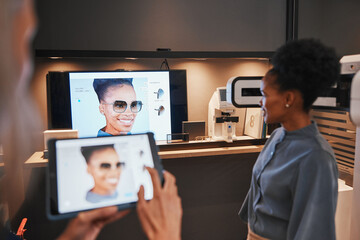 Wall Mural - Optometry, frames and black woman trying glasses for eye care, vision and choice of sunglasses. Happy, testing and African customer looking at her face with different eyeglasses for the best fit