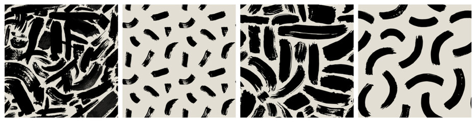 black and white abstract brush stroke painting seamless pattern set. modern paint line background co