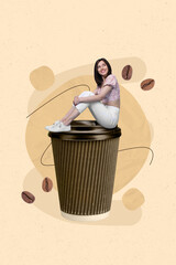 Sticker - Vertical creative 3d collage illustration picture poster of lovely girl ordered big tasty latte isolated on painting background