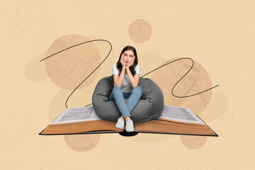 Sticker - Creative design collage artwork of young dreaming lady touch cheeks pouted lips enjoy reading library relax place isolated on yellow background