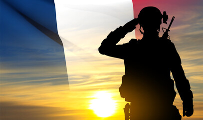 Silhouette of French soldier on background of sunset and French flag. Concept - Armed Forces. EPS10 vector