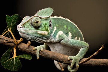 Wall Mural - A cute green chameleon perched on a white branch. Generative AI