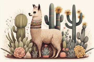 Sticker - Illustration of a cute, awesome llama with some cacti and some ethnic design elements. Generative AI