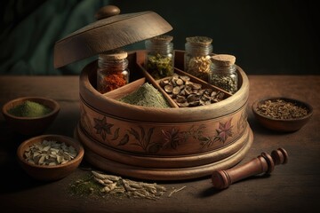 Wall Mural - Bowls of dry herbs and spices in a chopper sit atop a wooden tray, representing the concept of herbal medicine. Generative AI