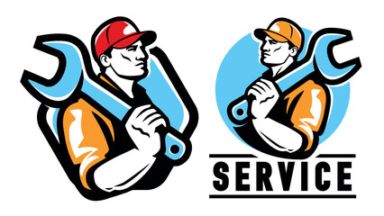 Construction worker, engineer emblem. Builder with wrench, workshop logo. Vector illustration