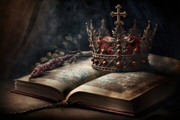 Poster - A King's Crown and the Bible Superimposed on a Gloomy Background. Generative AI