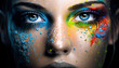 © Zelma - Close-up of woman's face with multicolored holi festive powder. Generative AI.