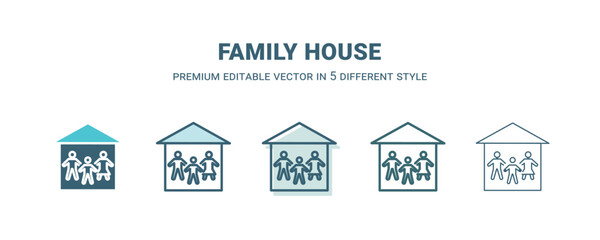 Sticker - family house icon in 5 different style. Outline, filled, two color, thin family house icon isolated on white background. Editable vector can be used web and mobile