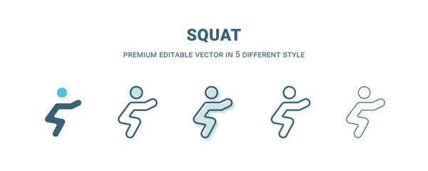 squat icon in 5 different style. Outline, filled, two color, thin squat icon isolated on white background. Editable vector can be used web and mobile