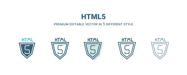 html5 icon in 5 different style. Outline, filled, two color, thin html5 icon isolated on white background. Editable vector can be used web and mobile