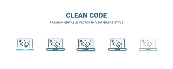 clean code icon in 5 different style. Outline, filled, two color, thin clean code icon isolated on white background. Editable vector can be used web and mobile