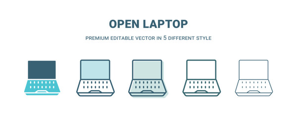 open laptop icon in 5 different style. Outline, filled, two color, thin open laptop icon isolated on white background. Editable vector can be used web and mobile