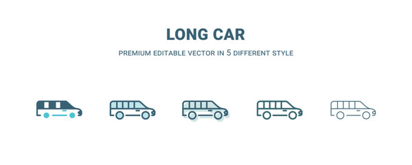 long car icon in 5 different style. Outline, filled, two color, thin long car icon isolated on white background. Editable vector can be used web and mobile