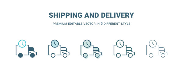  shipping and delivery icon in 5 different style. Outline, filled, two color, thin shipping and delivery icon isolated on white background. Editable vector can be used web and mobile