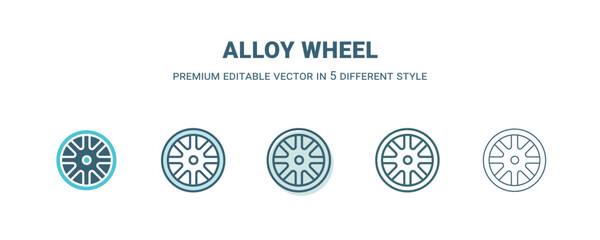 alloy wheel icon in 5 different style. Outline, filled, two color, thin alloy wheel icon isolated on white background. Editable vector can be used web and mobile