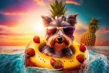 Dog Wearing Sunglasses, Exotic Drink In Coconut Shell With Straw And Delicious Strawberries On Inflated Swimming Floating Ring, Beer, Pineapple, And Phony Sunset Over The Ocean In The Background