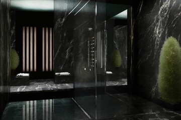 Poster - Wellness spa with black travertine walls and a glass floored shower. Generative AI